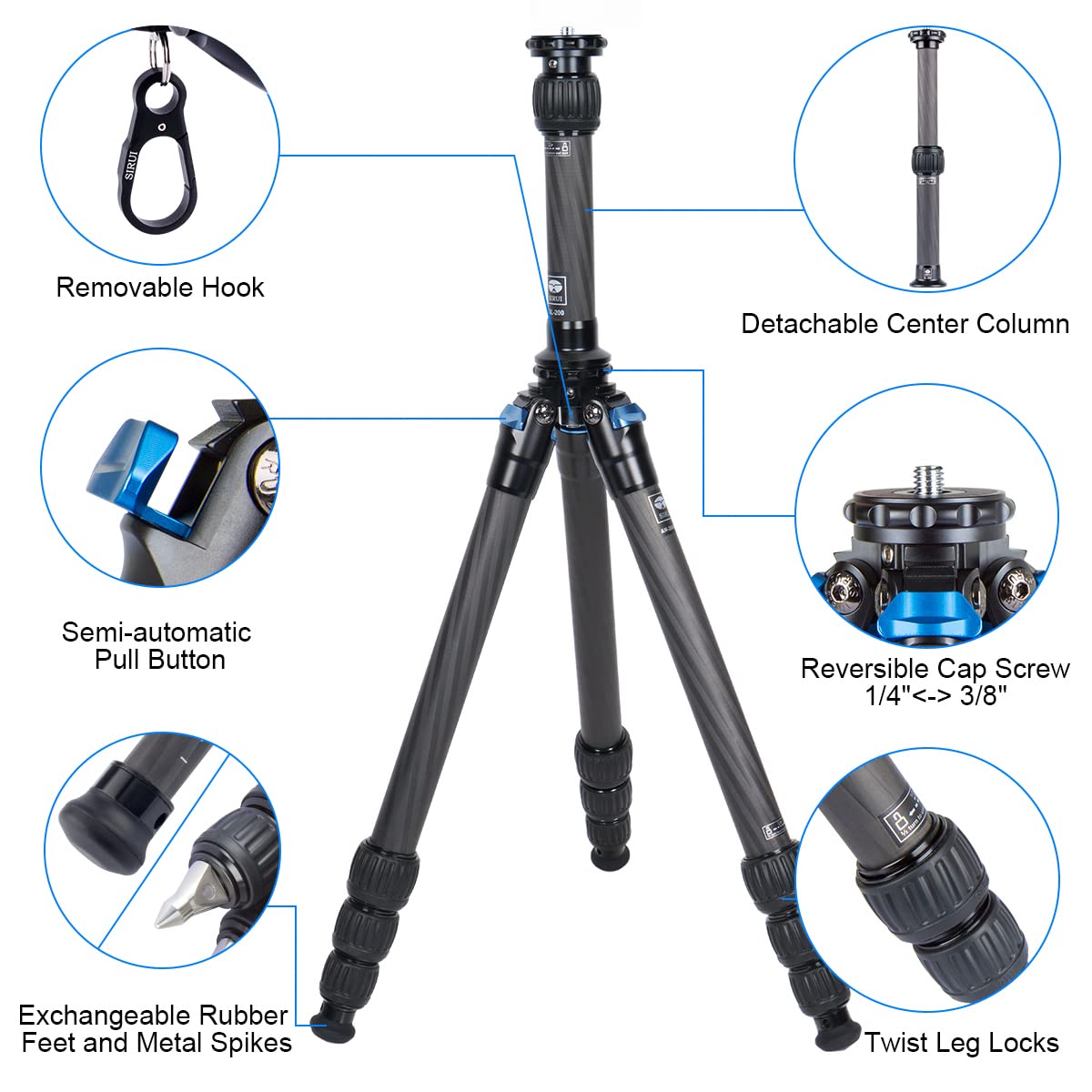 Trípode SIRUI Fibra de Carbono con Columna Central Dos Secciones 59.8” Carga Máxima 15kg