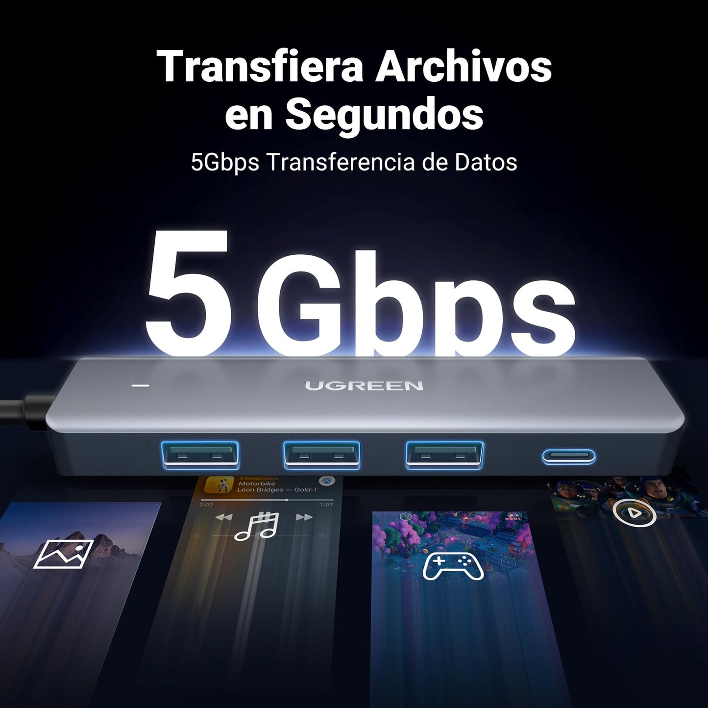 Hub USB 3.0 UGREEN Gris 5 en 1 con Carga PD para PC y Consolas