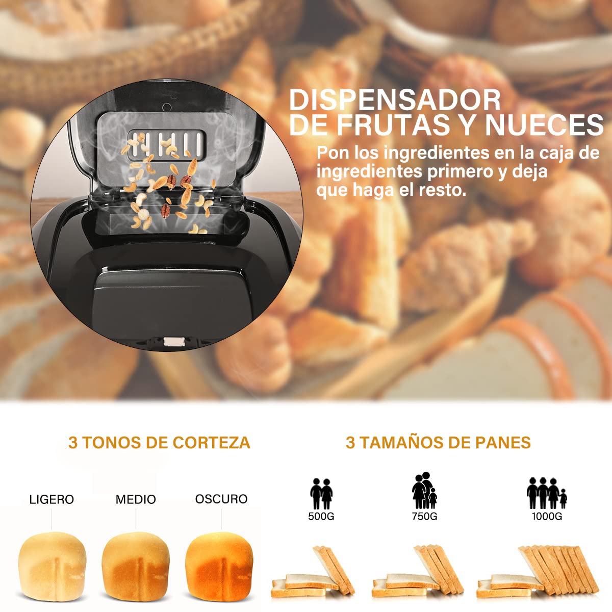 GALULU - Máquina para hacer pan,Máquina de pan con 19 preestablecidos, Función sin gluten,Ajustes de aislamiento,3 tamaños de pan,Recetas y accesorios incluidos,2 Libras Negro)