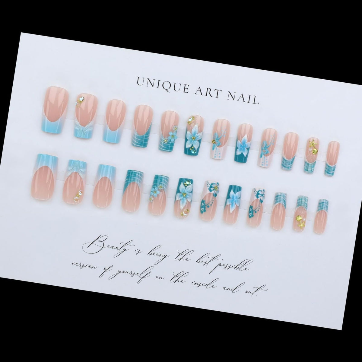 octoswave OCTOSWAVE Uñas postizas cuadradas francesas de larga duración con diseño floral 3D y dije dorado para mujer, 24 unidades