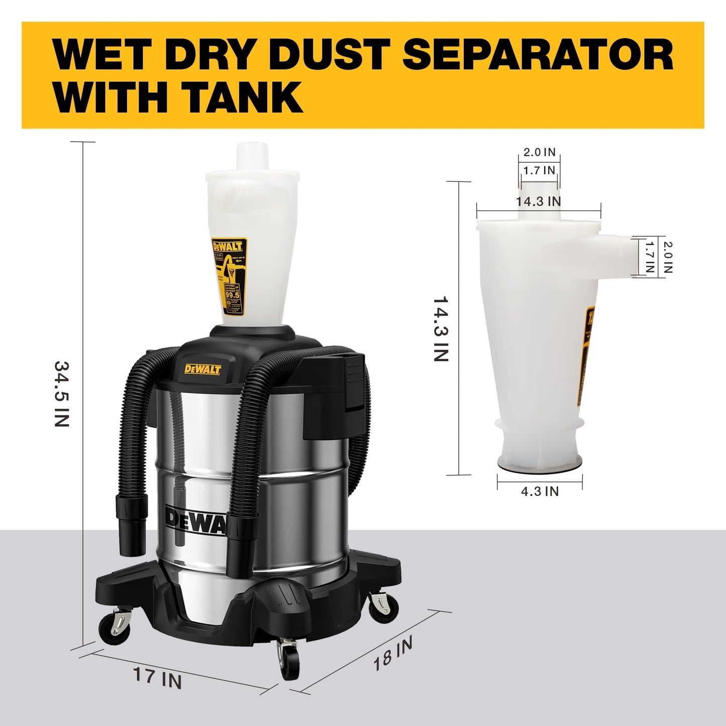 DEWALT Separador de Polvo con Tanque de Acero Inoxidable de 10 galones, colector de Polvo ciclón de 99.5% de eficiencia, Filtro colector de Polvo de Ciclo de Alto Rendimiento, colector de ciclón de