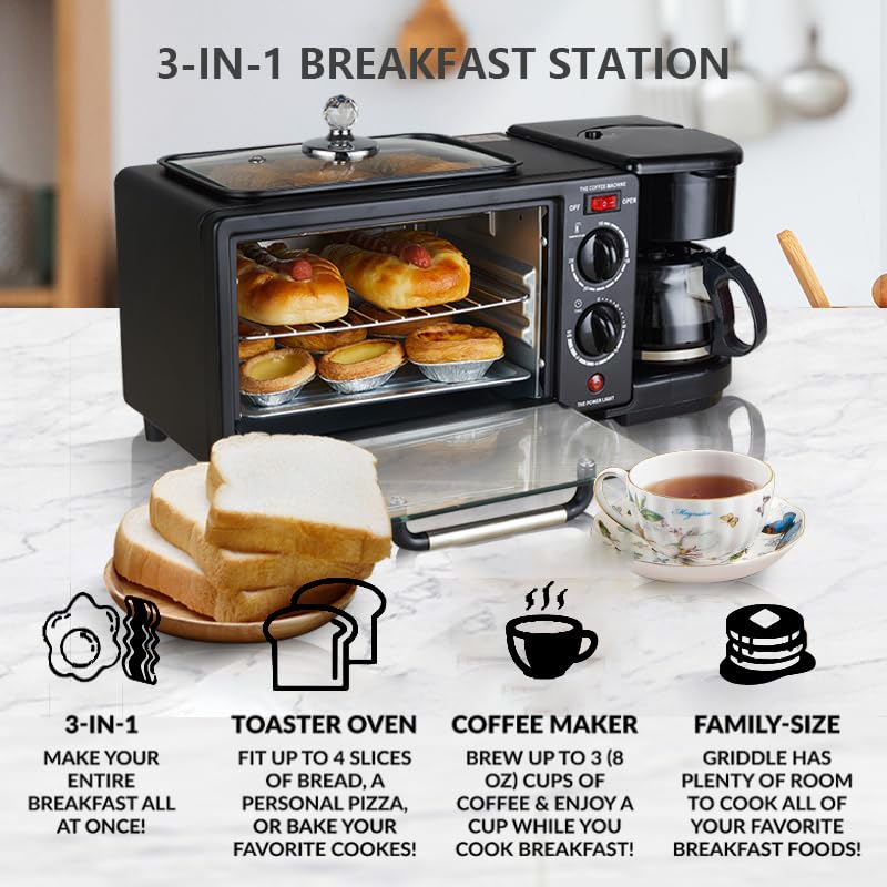 BYHIP Estación de desayuno 3 en 1 – Incluye cafetera, plancha antiadherente y horno tostador de 4 rebanadas, versátil máquina de desayuno con temporizador adecuado para