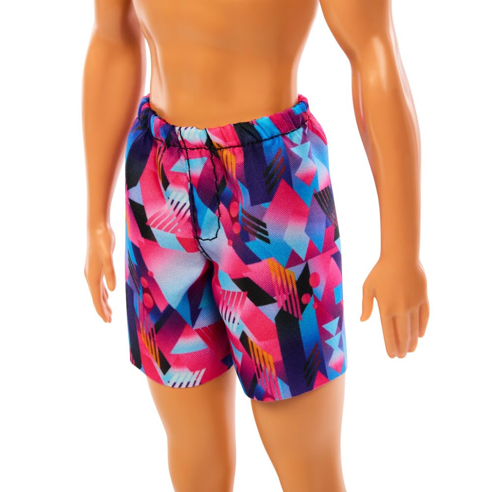 Barbie Fashion & Beauty Muñeco Ken de Playa con Traje de Baño Rosa y Azul para niñas de 3 años en adelante