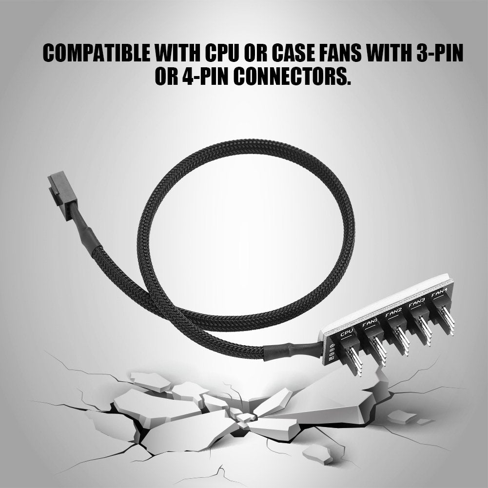 Ventilador de Refrigeración Yosoo Negro Splitter Hub Adaptador Trenzado para CPU Fans 4-Pin PWM 5-Port PC