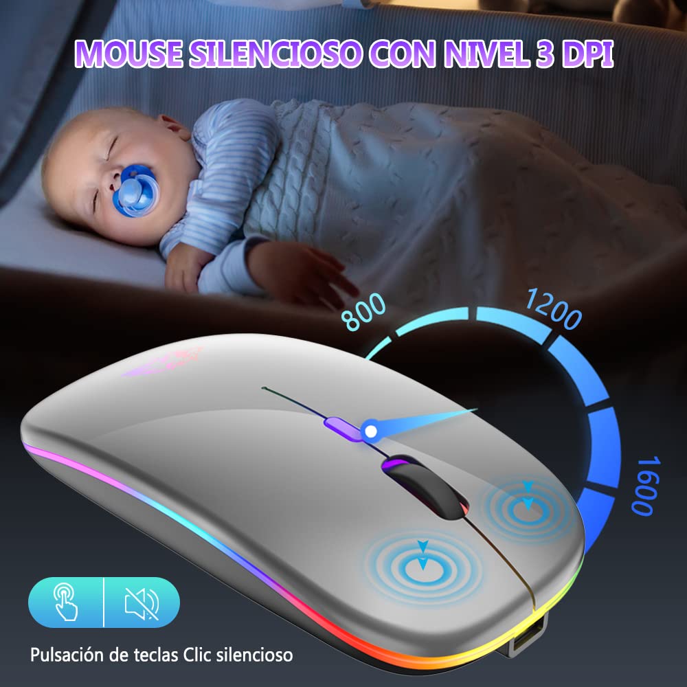 Free wolf X15 Mouse Inalámbrico, Wireless óptico Recargable 2.4 G Ergonómico Silencioso Click con Receptor USB 3(800/1200/1600) Ajustable dpi Ratón para Computadora,Portátil,PC,Mac (Gris)