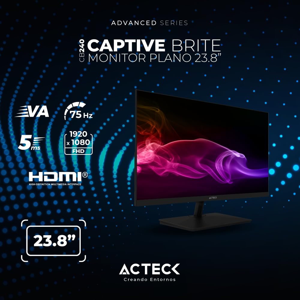 Acteck Monitor Plano 23.8" VA/Captive Brite CB240 / FHD / 75Hz / 5ms / 1xVGA / 1xHDMI / Vesa 100x100mm / Base Cuadrada Negro