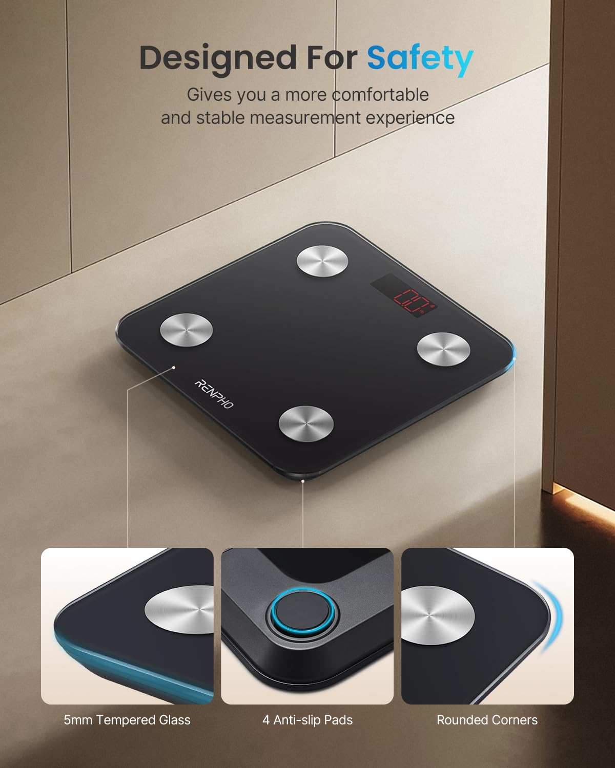 Báscula RENPHO para peso corporal, báscula digital Elis 1 con grasa corporal y peso de agua, dispositivo inteligente de medición de grasa corporal Bluetooth, 396 libras