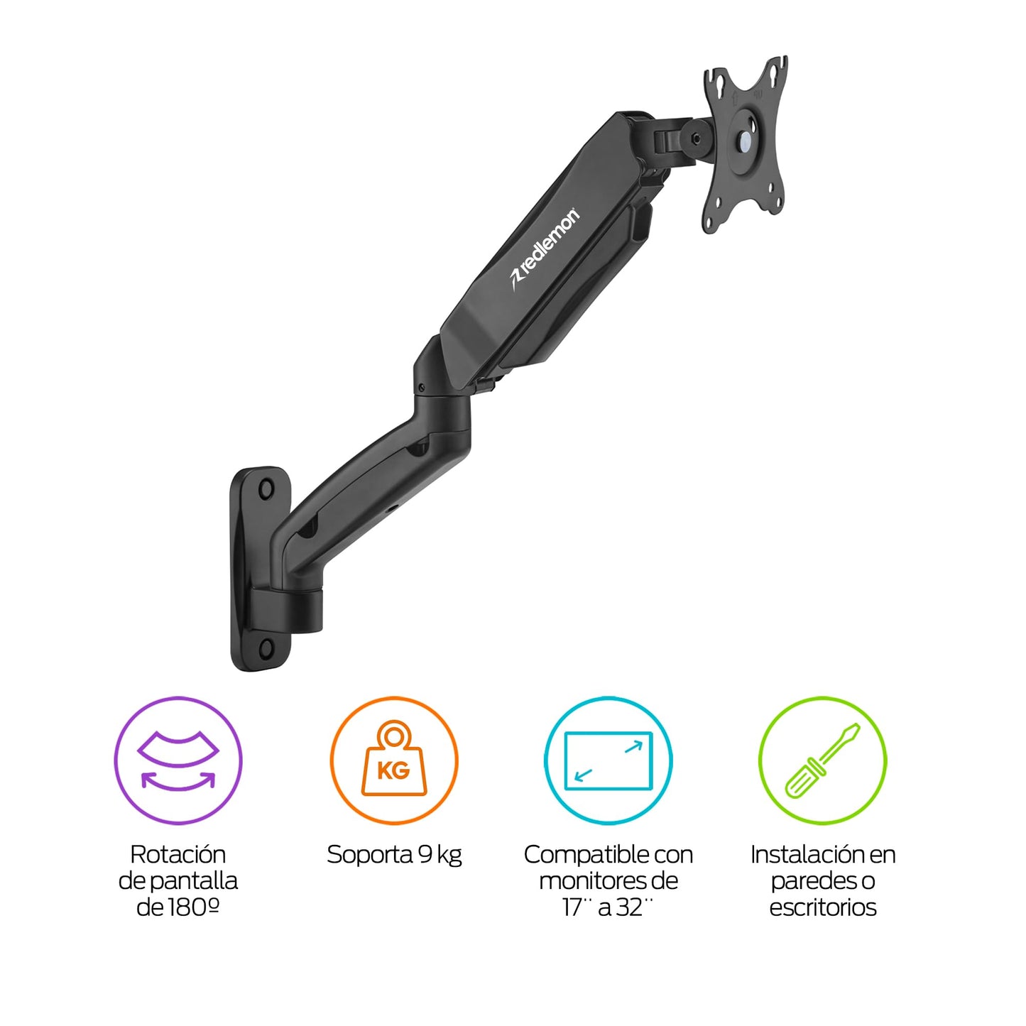 Soporte de Escritorio Redlemon Negro con Brazo Hidráulico para Monitores de 17 a 32 Pulgadas Compatible con VESA