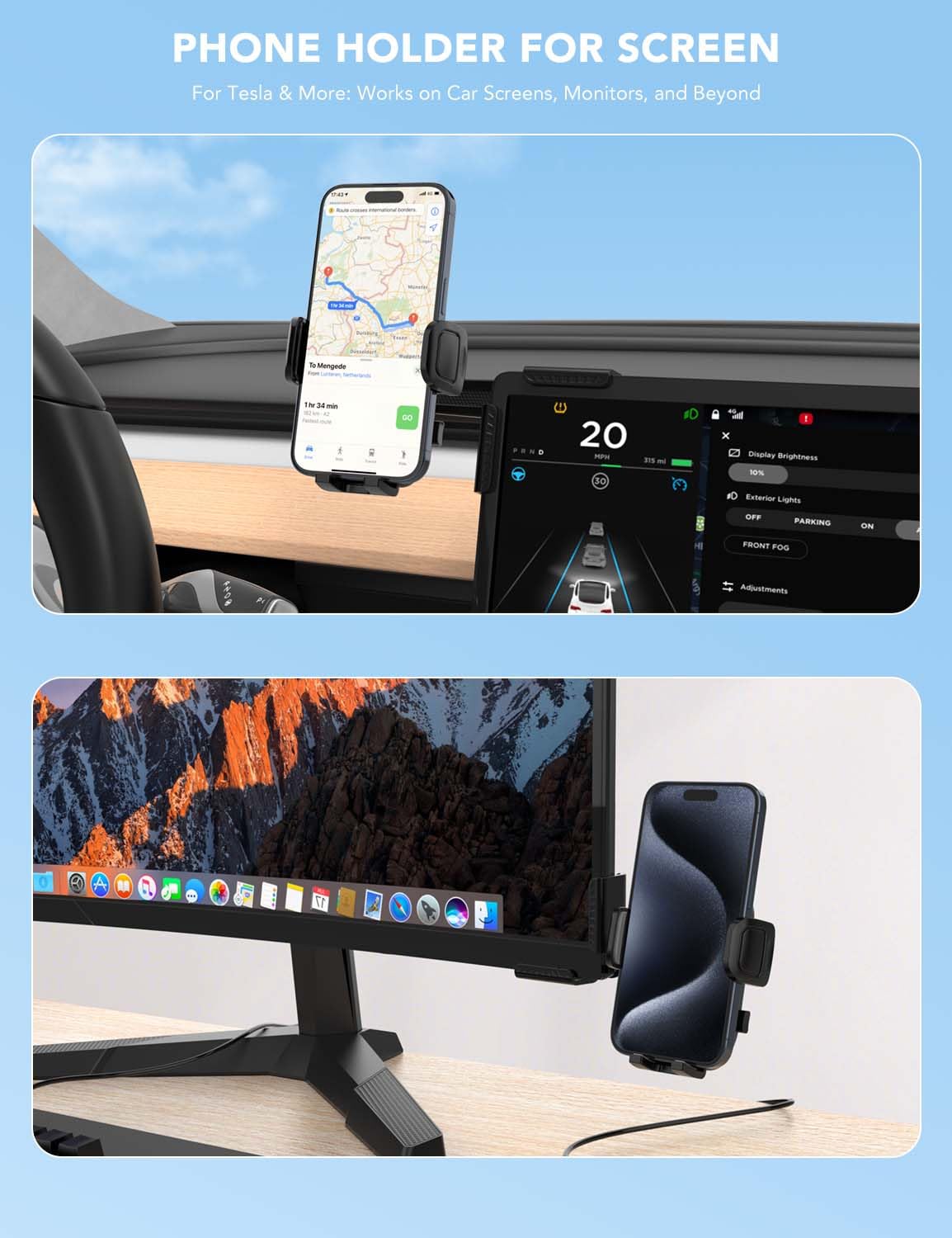 ANUEVE Soporte para Celular Automovil, Compatible con Tesla Model Y/3, Pantallas de Coche, Soporte Celular para Monitor, Porta Celular Auto con Montaje Fuerte y Ajustable para iPhone, Galaxy, Xiaomi