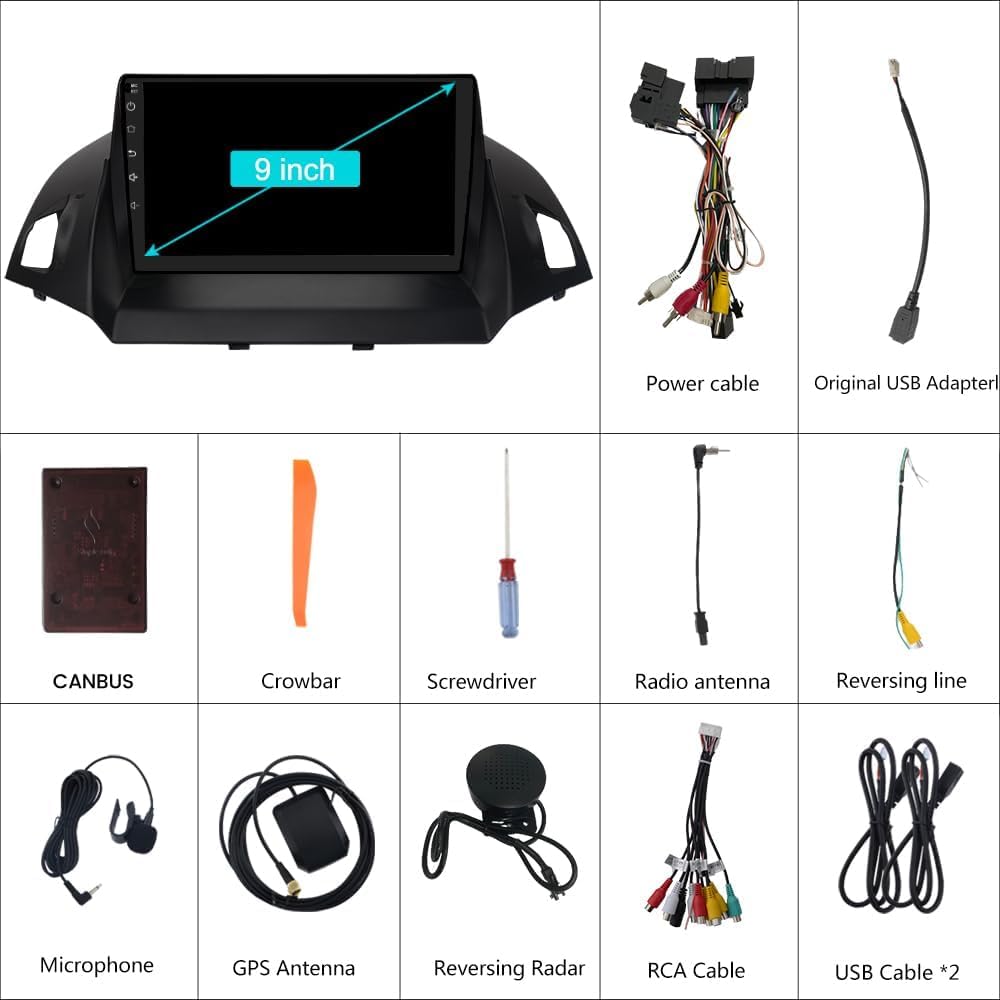 Radio de coche Android 13 compatible con Ford Escape 2013-2016 con cámara inversa, visualización táctil de 9 pulgadas con GPS/FM/WiFi/cámara inversa, compatible con SWC Wireless CarPlay Android Auto