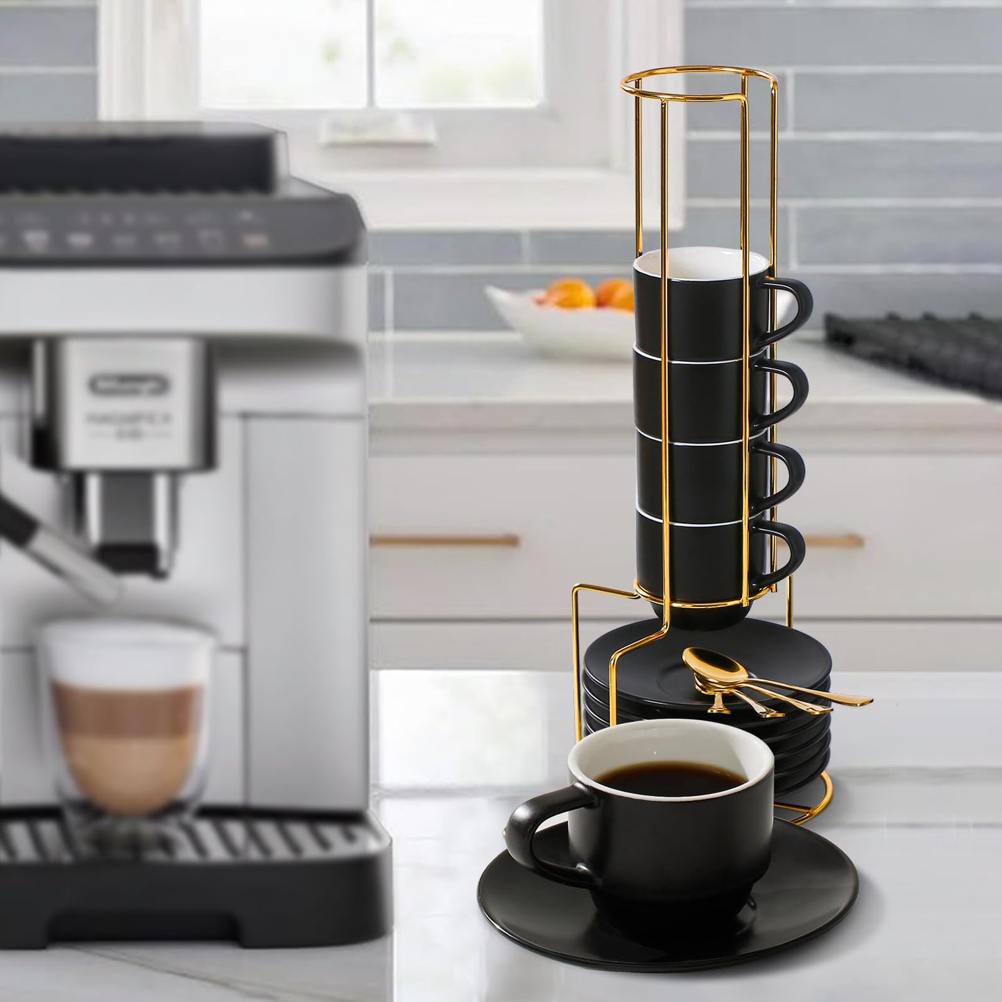 Lareina - Juego de 6 tazas de café apilables de porcelana con platillos, cucharas y soporte de metal de 3 onzas, tazas de café de capuchino pequeñas, tazas de demitasse de cerámica para lungo