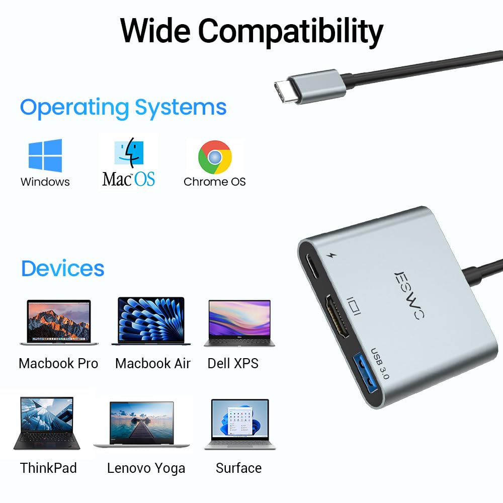 JESWO Adaptador USB C a HDMI, 3 en 1 USB C Hub, Adaptador Tipo C Multipuerto con Puerto de Salida HDMI 4K, Puerto USB 3.0 y PD 87W Carga, Compatible con MacBook/iMac Pro