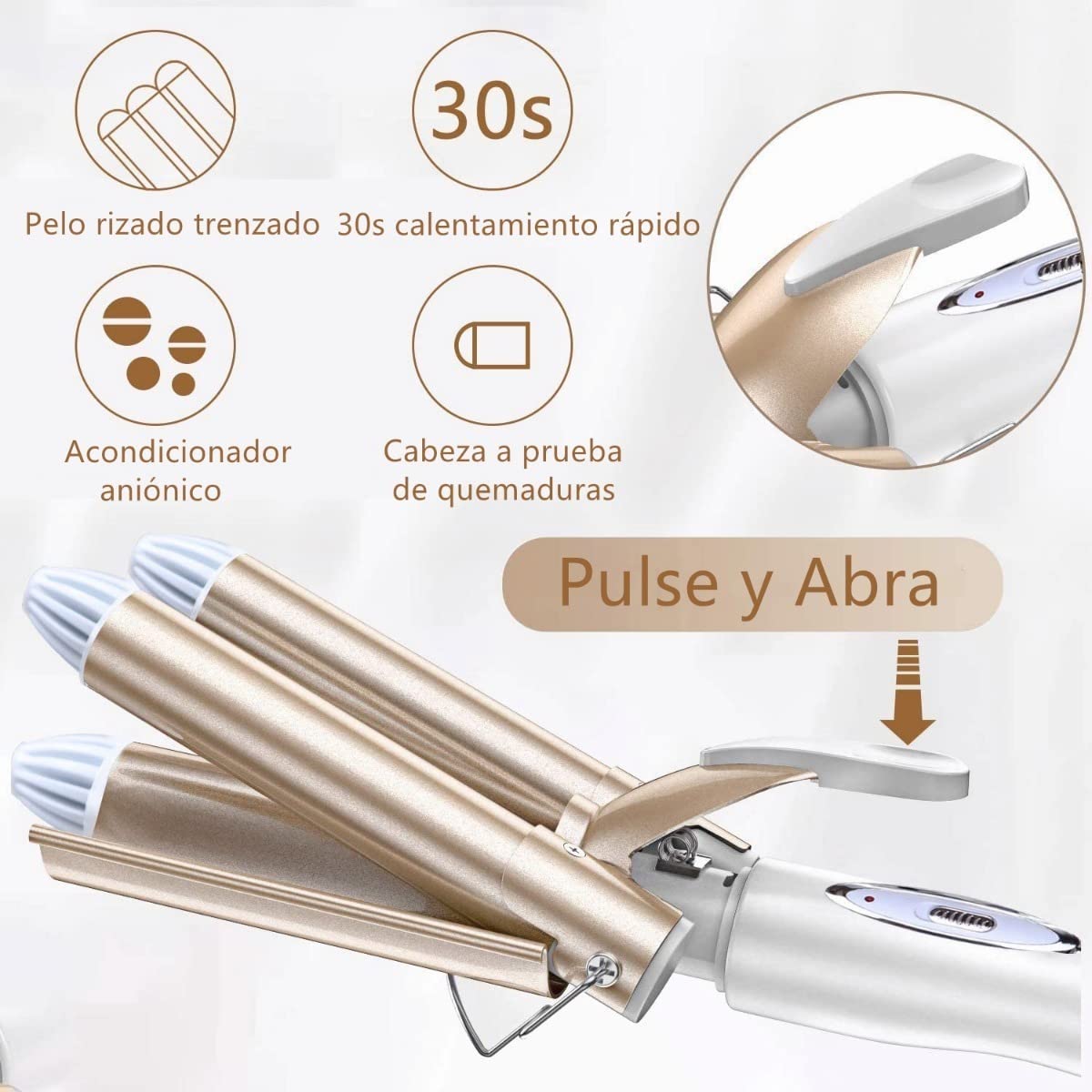 Rizador de Cabello, Rizador de Pelo Profesional con 3 Varillas Temperatura Ajustable, Rizadora para Cabello Triple Tubo de 25mm, se Calienta Rápidamente para Mujer Cabello Largo/Corto y Viajero Rega