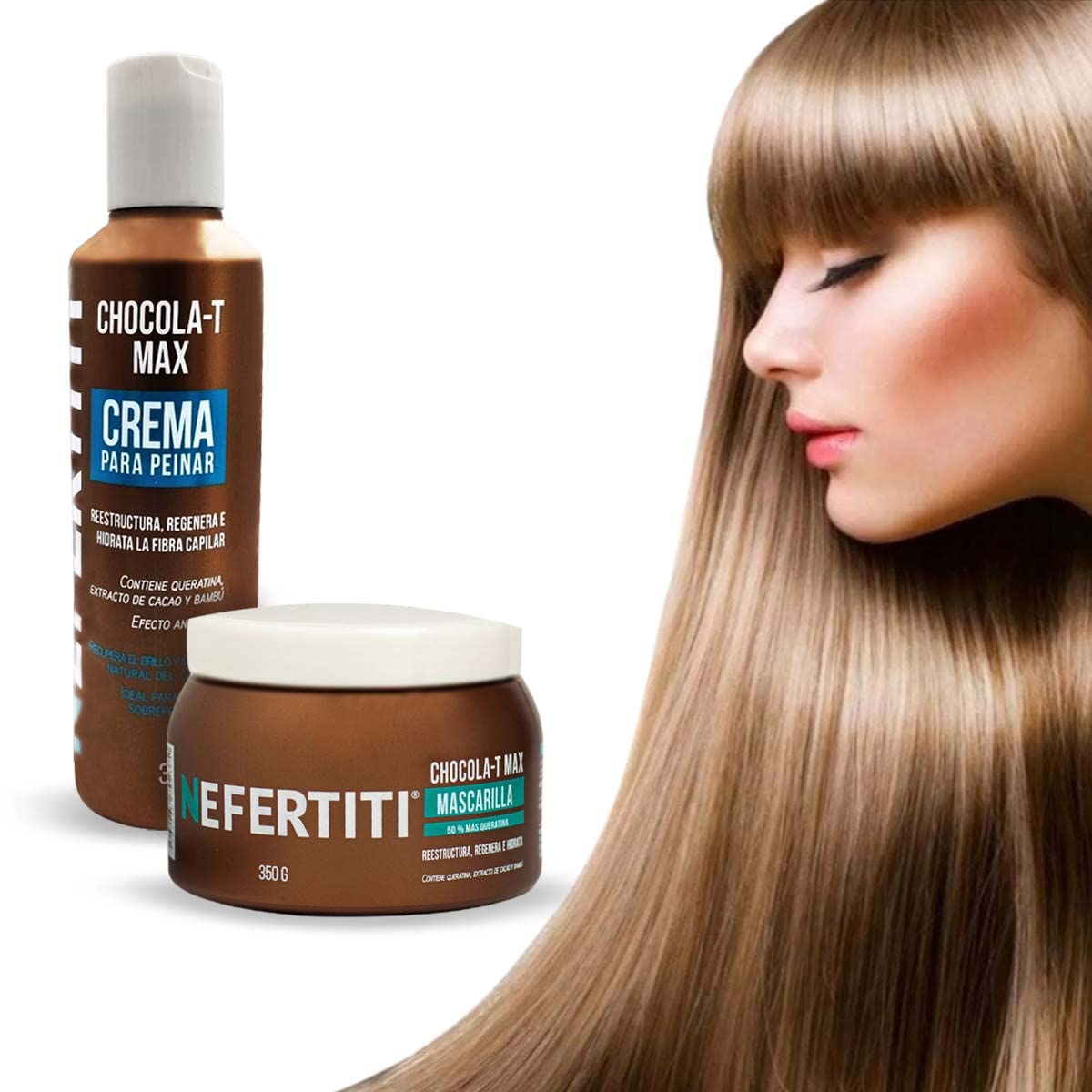 Kit Nefertiti Chocola-T Mascarilla Doble Keratina y Crema Peinar Keratina Cabello Severamente Dañado