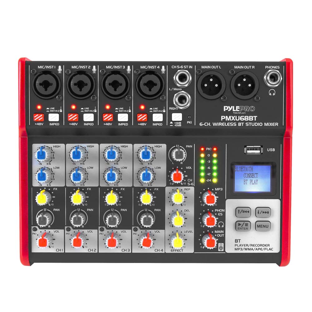 Consola Digital PYLE PylePro Rojo con Bluetooth y Mezclador USB de 6 Canales para Grabación de Estudio