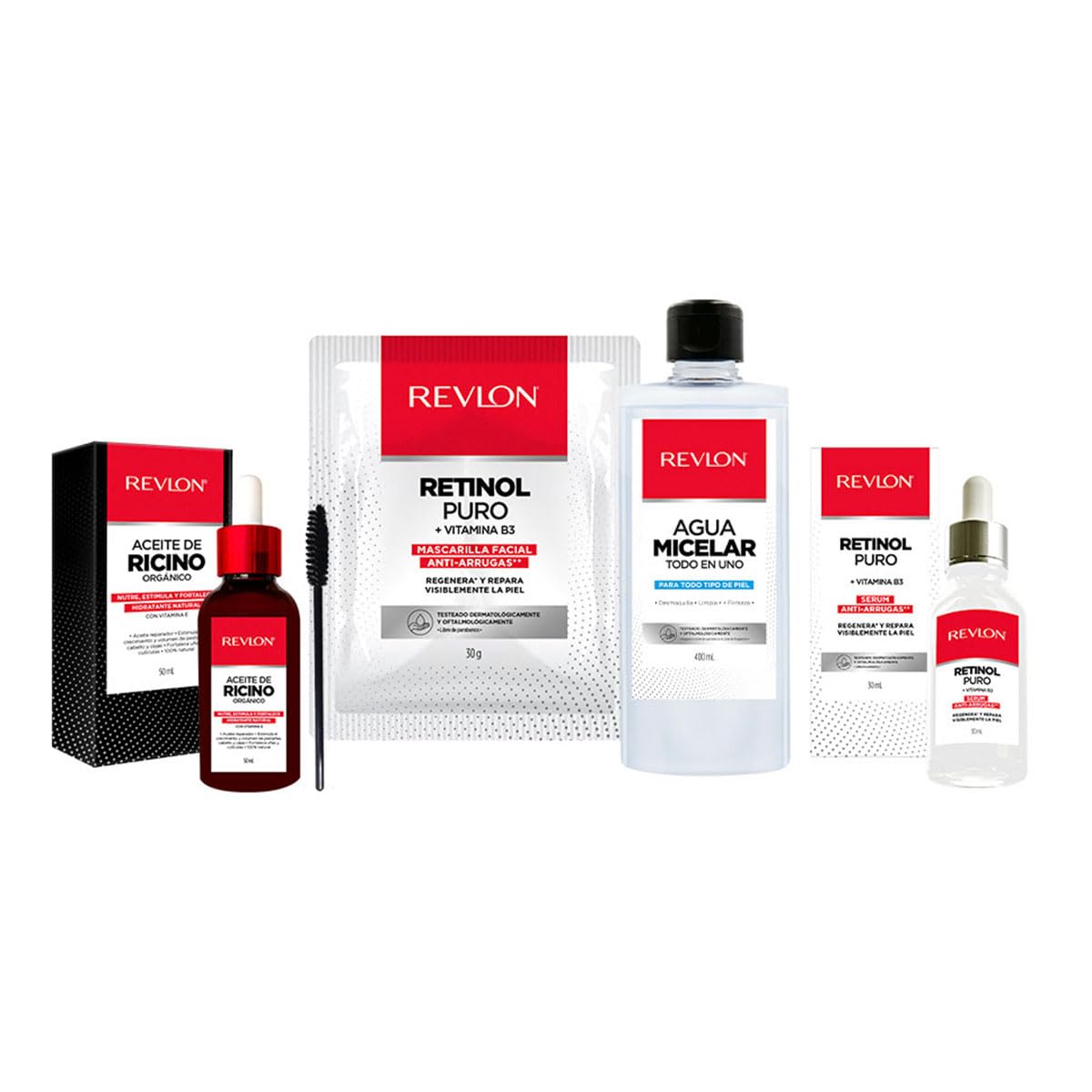 Revlon - Set Aceite de Ricino, Agua micelar todo en 1, Mascarilla Facial y Suero de Retinol Puro