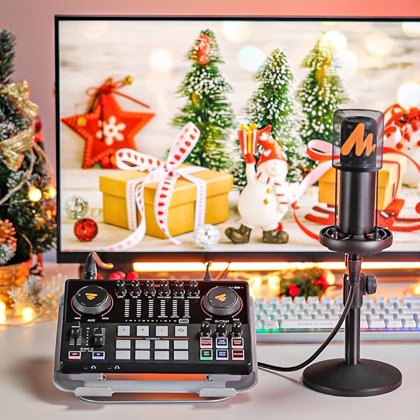 MAONO Mezcladora Interfaz de Audio con Micrófono Condensador XLR, Caster Podcast Studio Kit Todo en Uno para Grabación, Streaming, voz en off, Youtube, DJ, PC, Guitarra (AME2A)