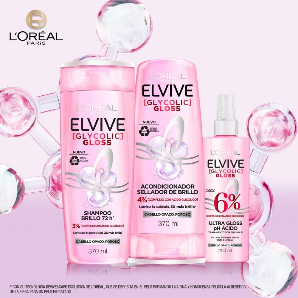 Kit L'Oréal Paris Elvive Tratamiento Ultra Gloss Glycolic Gloss 200 ml, + Elvive Acondicionador Glycolic Gloss, con Ácido Glicólico, 370 ml + Shampoo Glycolic Gloss, con Ácido Glicólico, 370 Ml