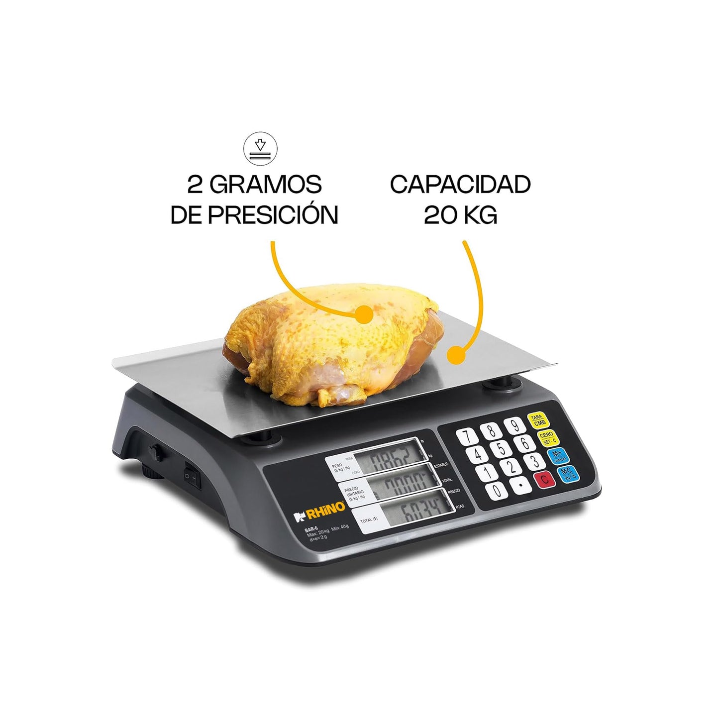 RHINO, Báscula Digital Comercial, 20 kg, Pantallas de Usuario y Cliente, Función de Conteo de Piezas, Precio Neto,10 Memorias en Teclado para Productos con Mayor Desplazamiento, BAR-6