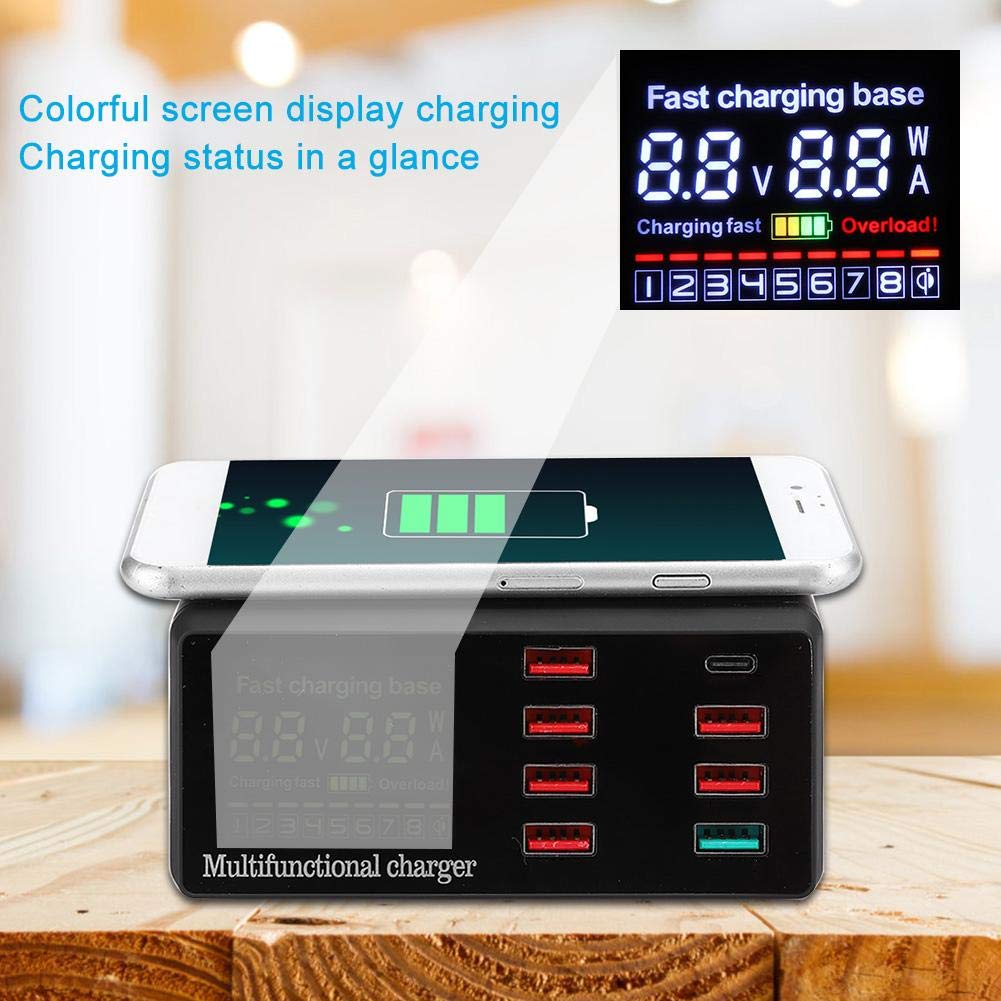 fosa1 Cargador inalámbrico de Pantalla Digital Inteligente, Cargador inalámbrico de Puertos múltiples QC3.0 Hub de estación de Carga de Escritorio con Puerto USB QC3.0(Negro US)