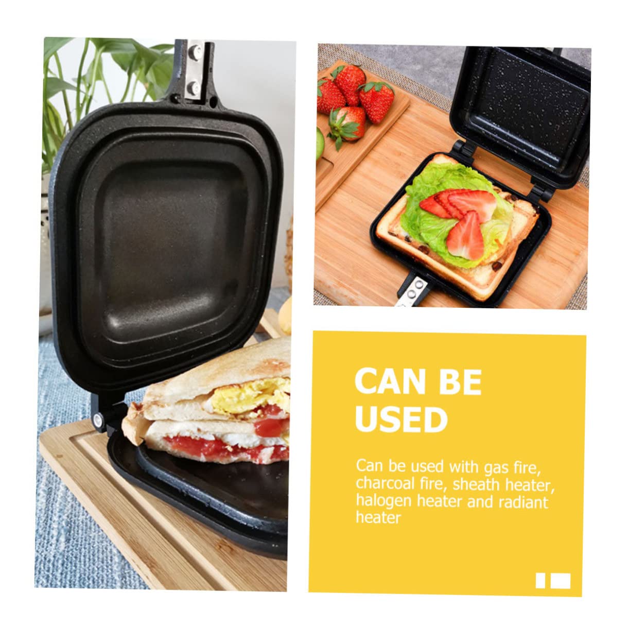 Anneome - Sartén de sándwiches para hornear antiadherentes, tostador de hierro doble, sándwichera, sartén para cocina, sartén para pan, sándwiches, sartén para cocina, sartén para sándwiches