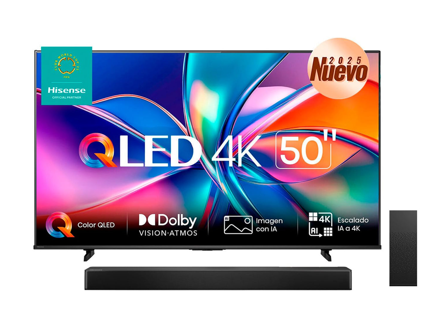 Hisense Combo Pantalla QLED 4K de 50" 50QD6QV Vidaa U Compatible con Alexa,Dolby Vision Atmos, Escalado IA a 4K, HDMI, LAN, WiFi. Control de Voz. Bluetooth. (2025) + Barra de Sonido 2.1