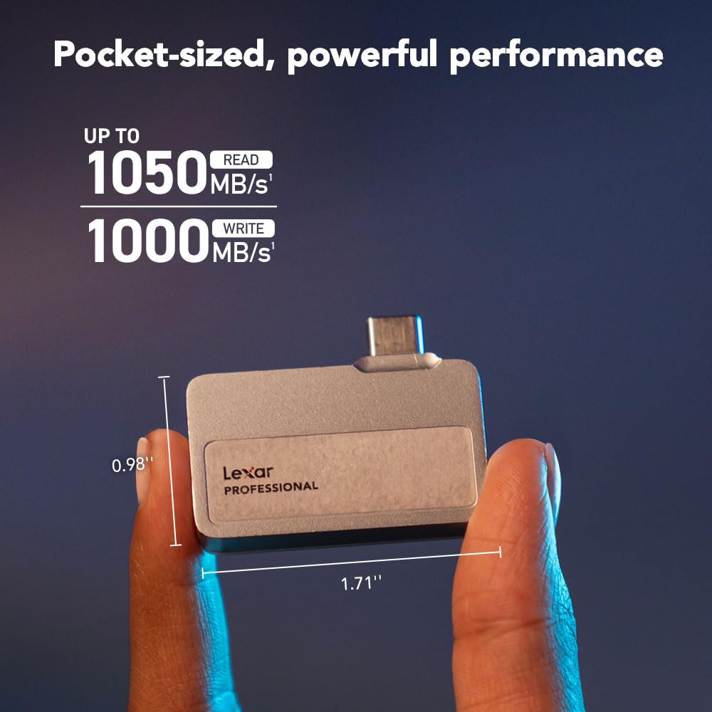 Lexar 1TB Professional Go SSD portátil, Compatible con Apple ProRes, hasta 1050 MB/s de Lectura y 1000 MB/s de Escritura, USB 3.2 Gen 2, Resistente, Compatible con iPhone 15 Series