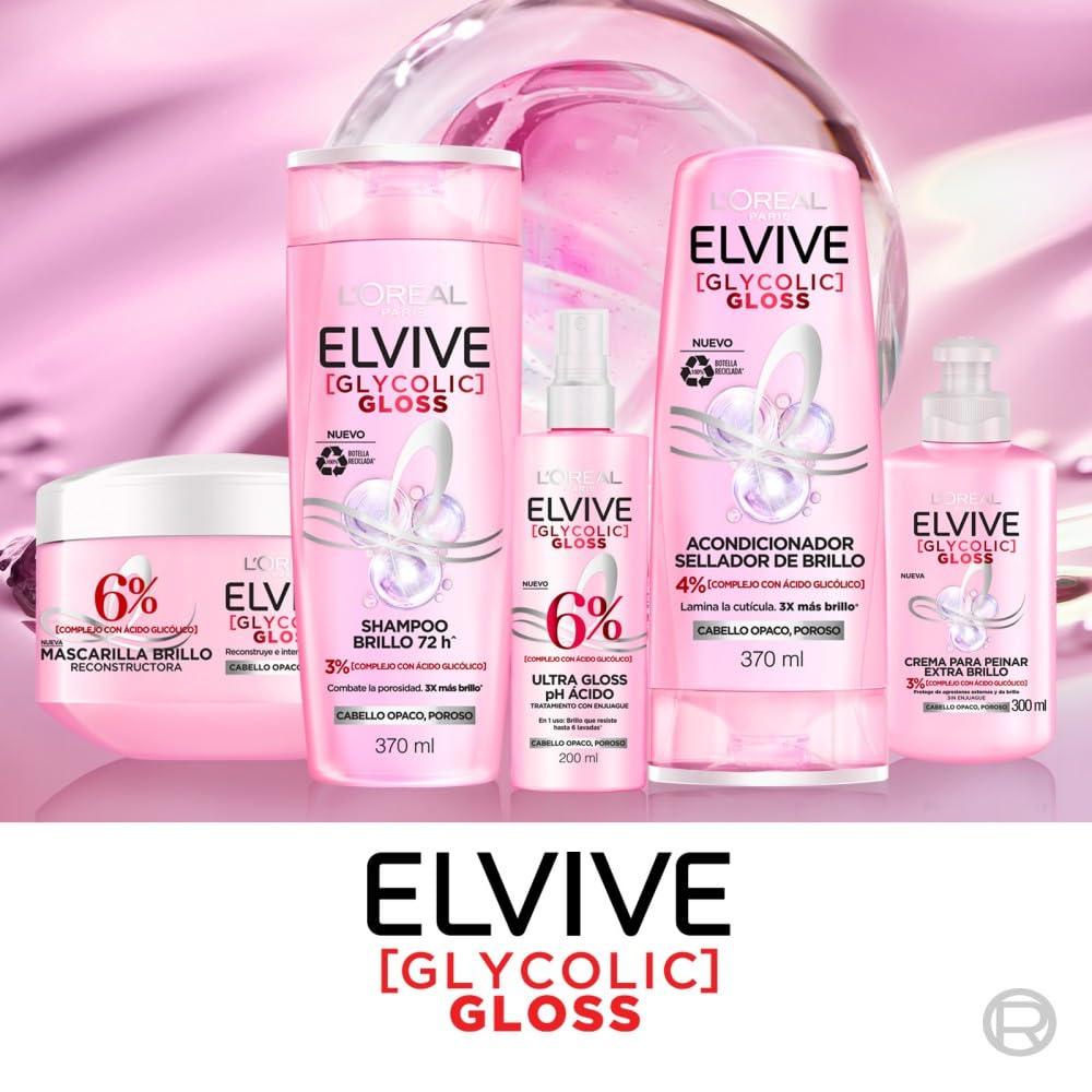 Kit L'Oréal Paris Elvive Tratamiento Ultra Gloss Glycolic Gloss 200 ml, + Elvive Acondicionador Glycolic Gloss, con Ácido Glicólico, 370 ml + Shampoo Glycolic Gloss, con Ácido Glicólico, 370 Ml