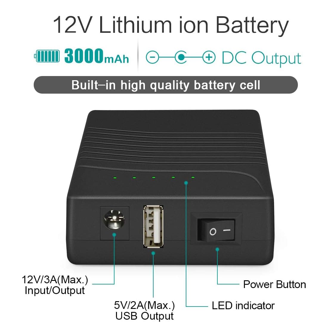 Batería Recargable de Ion de Litio 12V 3000mAh TalentCell Negra con Salida Dual para Tiras LED y Cámaras CCTV