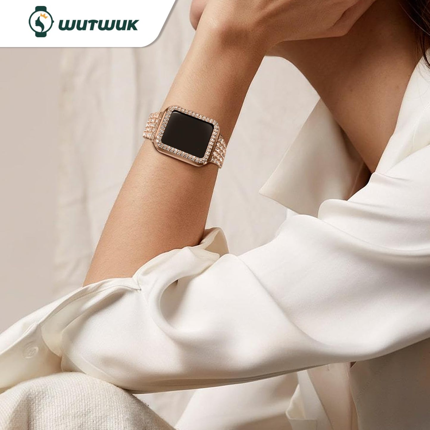 Wutwuk Correa para Apple Watch 40mm Mujer con Funda Protectora, Correa Metálica Apple Watch series 6/5/4/iWatch SE, Correa Brillante iWatch Elegante con Piedras-Oro Rosa 40mm