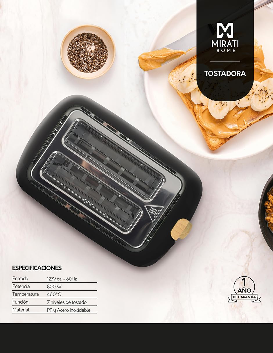 Tostador Mirati 800 Watts, 7 Niveles de tostado, Color negro. Modelo MBT01N