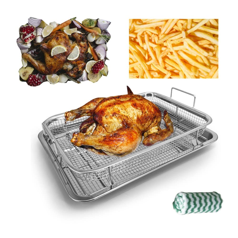 Freidora de aire - Cesta de acero inoxidable para horno, bandeja crujiente de acero inoxidable y bandeja para cacerolas y colector de grasa, cocina uniforme, antiadherente, juego de cesta de malla