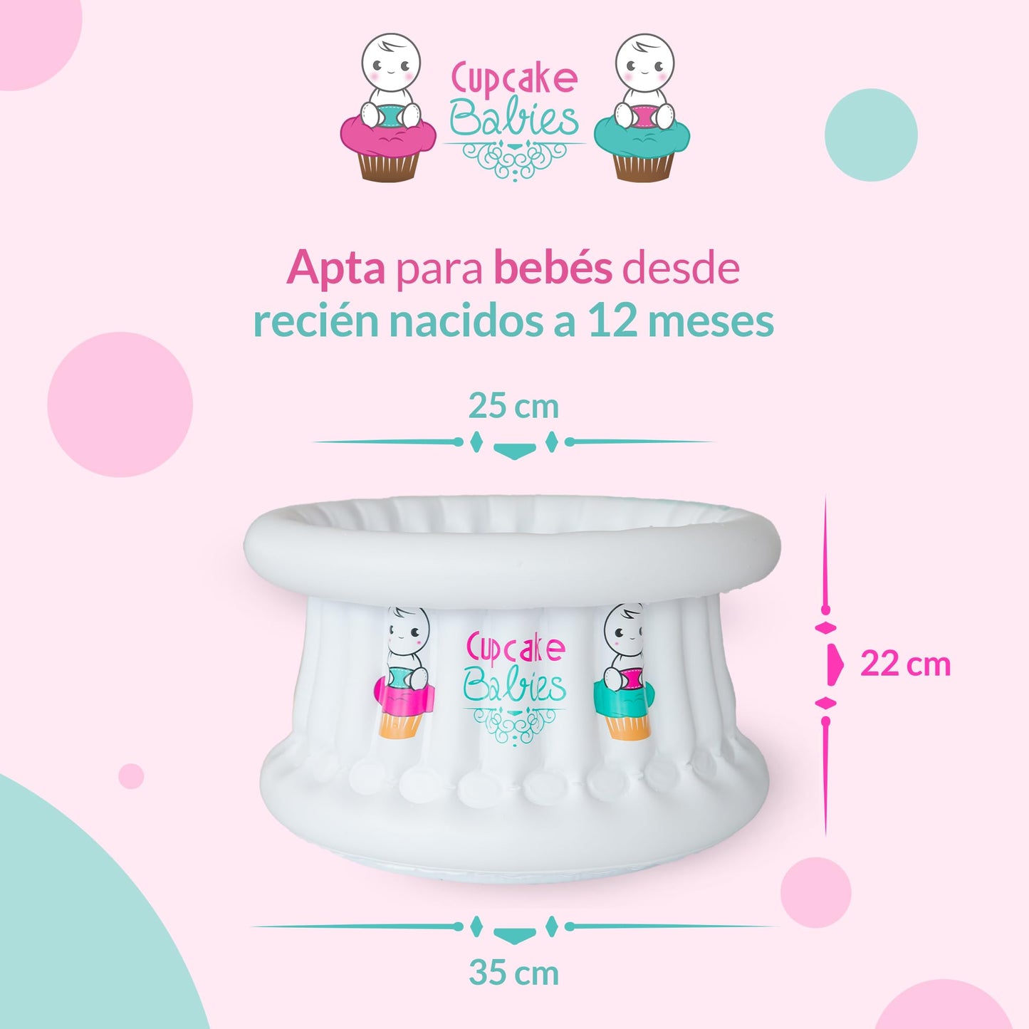CUPCAKE BABIES Bañera para Bebe Inflable con Bolso de Viaje Blanco | Ideal Regalos Navideños para Recién Nacidos hasta 12 Meses | Navidad | Uso en Baño o Alberca para Bebe | Práctica y Segura
