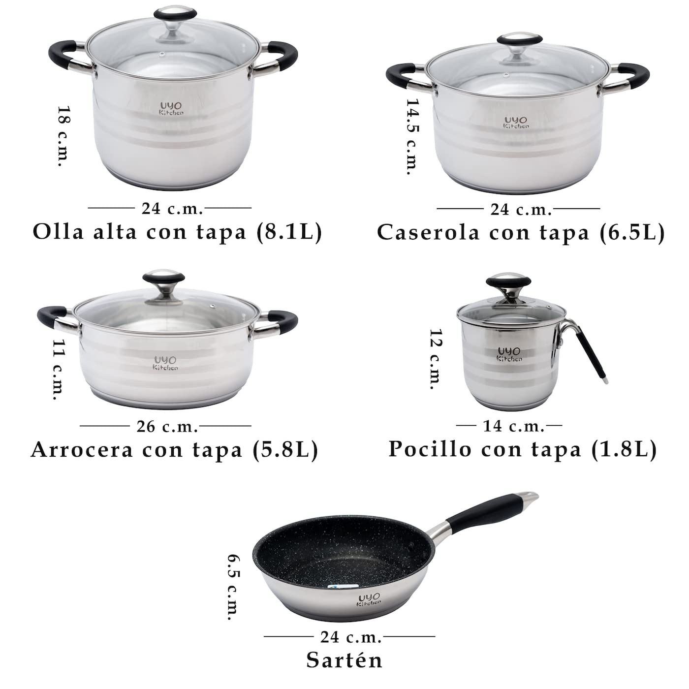 Bateria de Cocina Acero Inoxidable 9 Pzas Negro