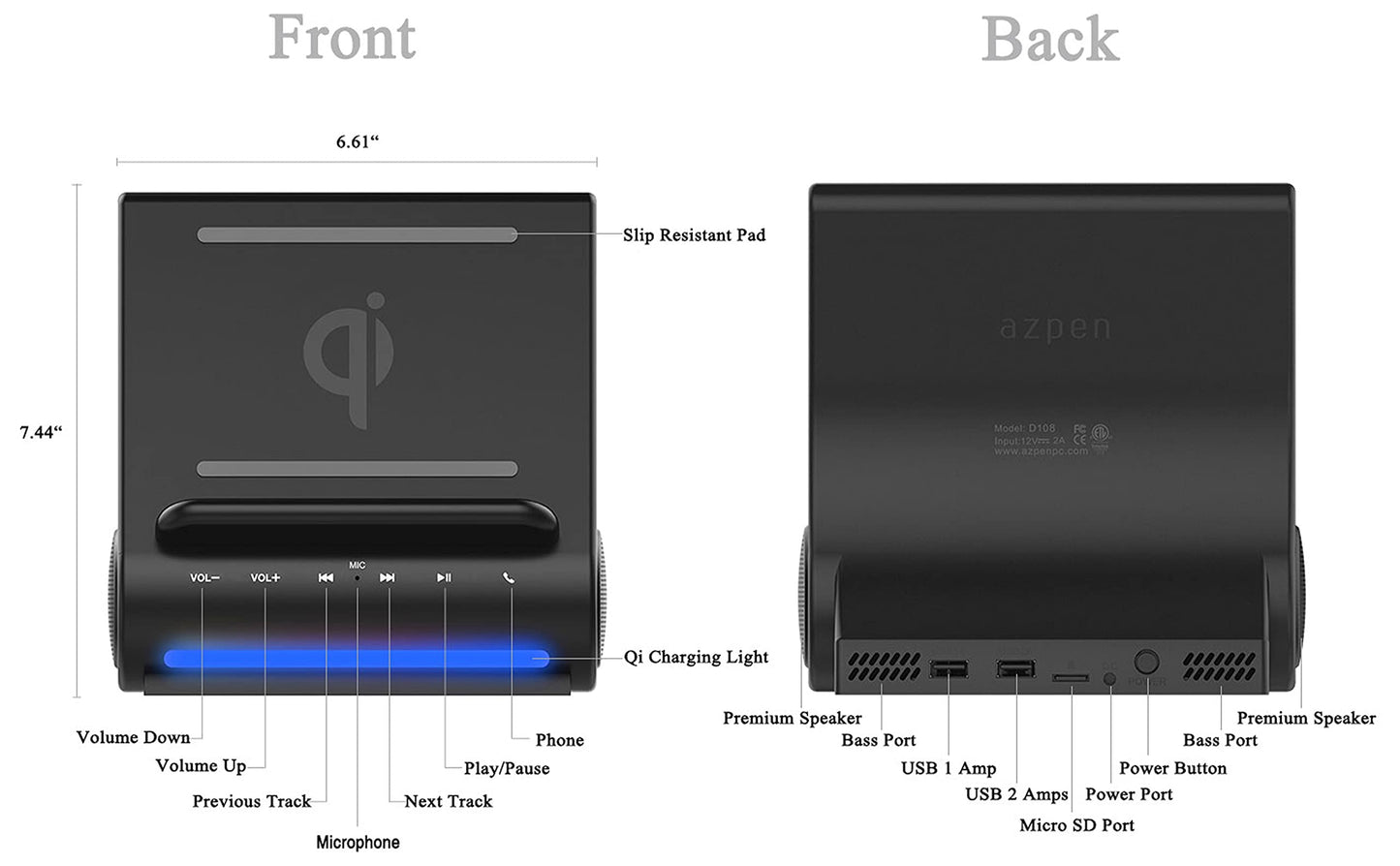 Azpen Dockall D100 - Qi Wireless Charger, Bluetooth Premium Speakers, Docking Station with Built in Mic Handsfree Call, 3 in 1 Station for iPhone and Samsung Phone