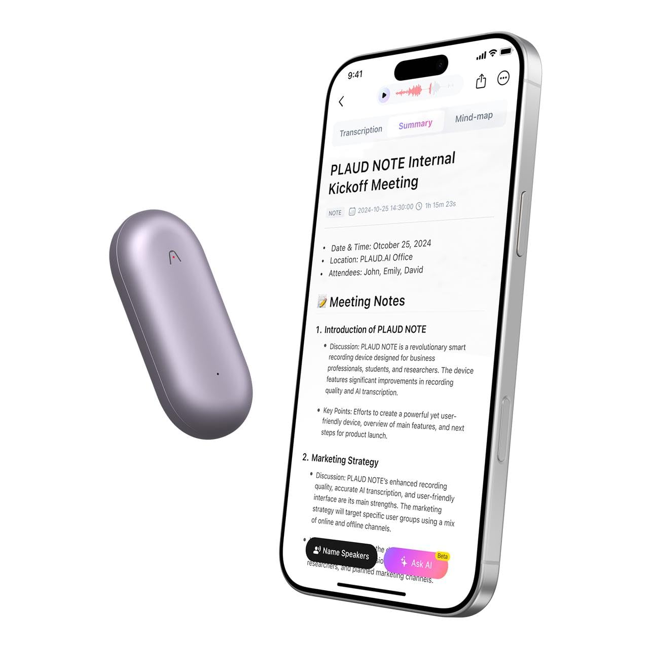 PLAUD Grabadora de Voz con IA NotePin, Control por App para Tomar Notas, transcripción y Resumen con IA, soporta 112 Idiomas, 64 GB, grabadora de Audio para conferencias, reuniones, Púrpura Atardecer