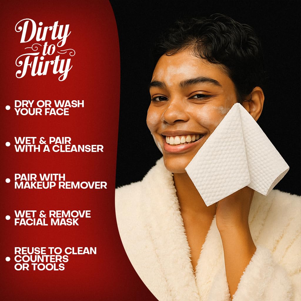 Dirty to Flirty Toallas Faciales | Toallitas Faciales Extra Suaves Y Extra Gruesas Tamaño Xl 8X8 | Toallitas Faciales Desechables Para Piel Sensible | Toallitas Faciales Secas Para Desmaquillar, Viaja