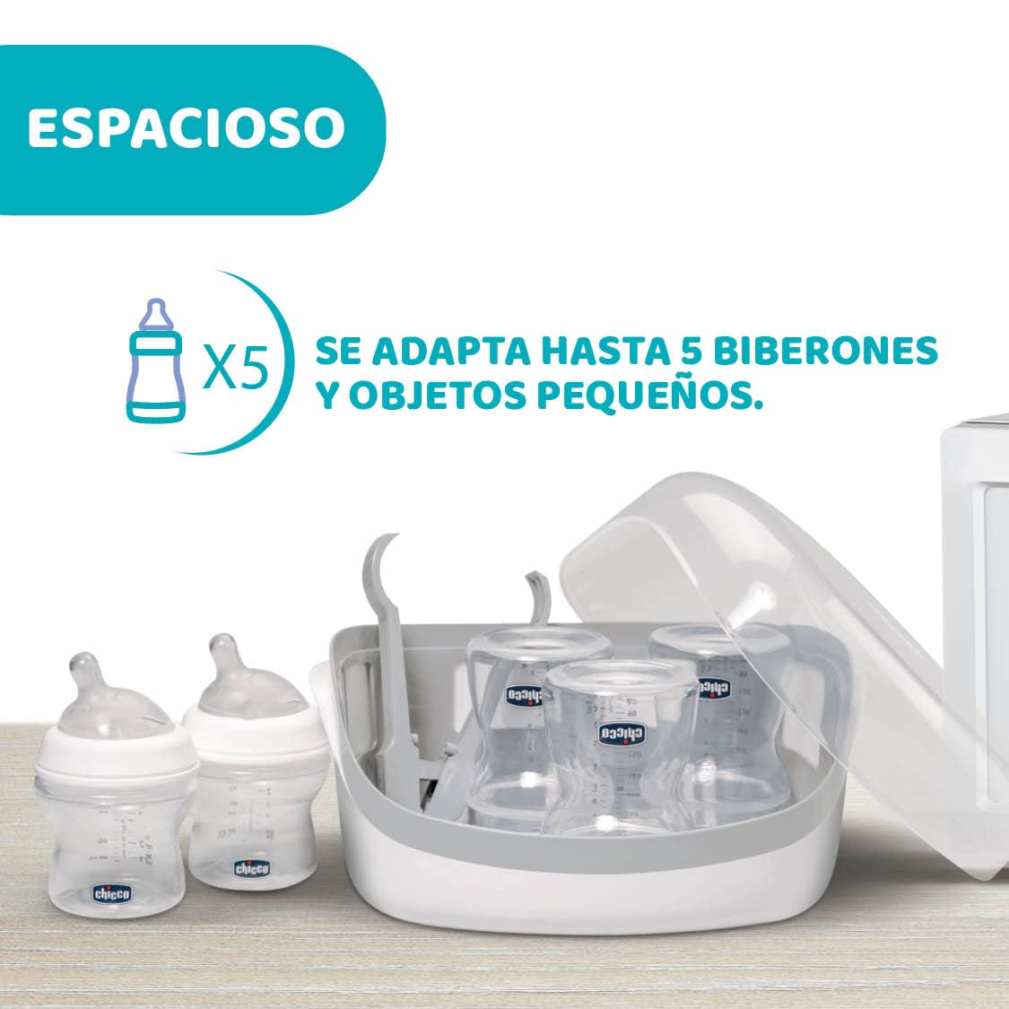Chicco - Esterilizador para microondas de vapor, rápido y fácil de usar, hasta 6 Biberones, chupetes, tetinas y otros accesorios, color Gris