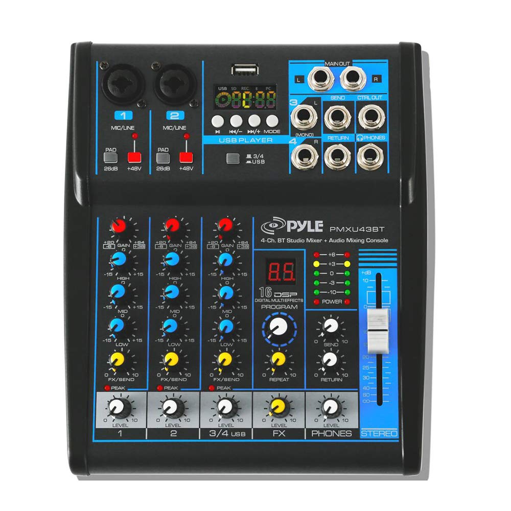 Consola de Audio Pyle PMXU43BT USB Bluetooth 4 Canales con Procesador DSP 16 Bits para DJ y Estudio