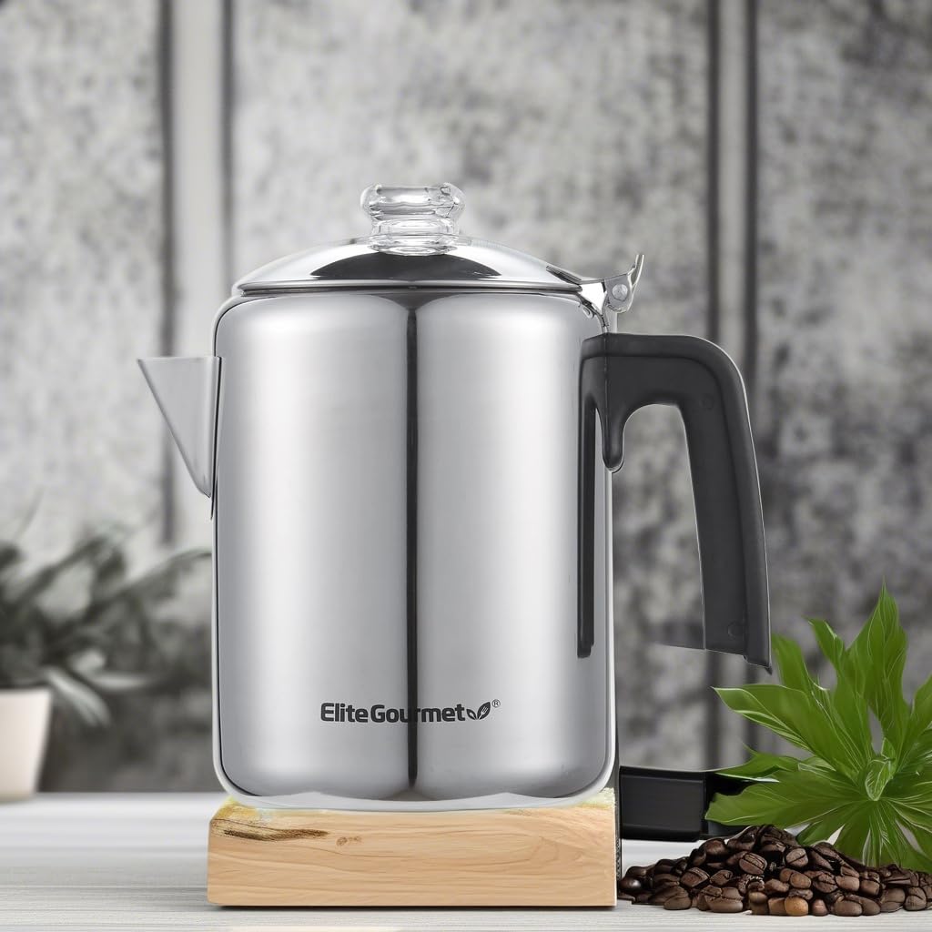 Elite Gourmet EC008 - Percolador de café clásico para estufas, perilla de progreso de cerveza transparente, mango de tacto fresco, servicio inalámbrico, 8 tazas, acero inoxidable