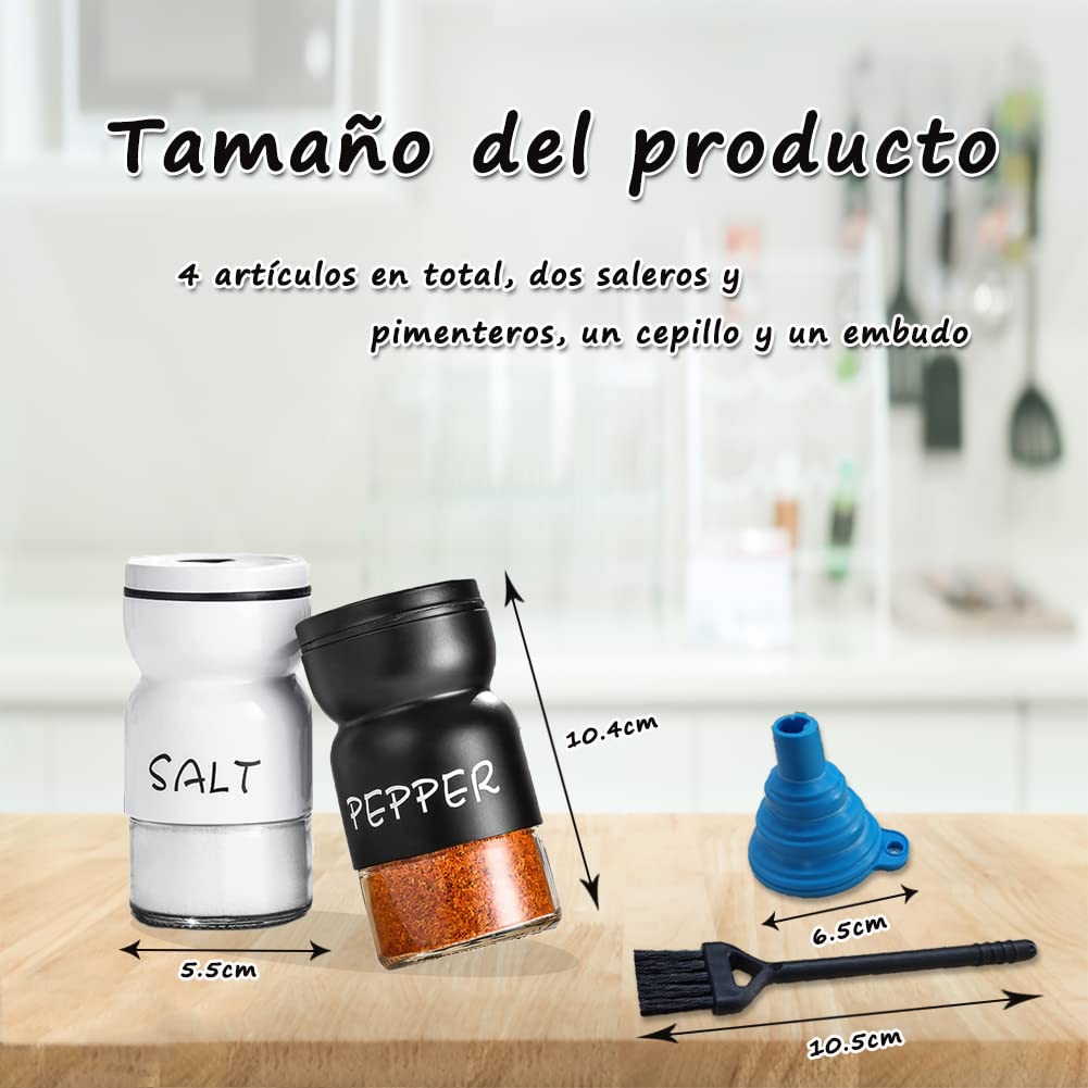 Juego de salero y pimentero de vidrio, botella de vidrio con tapa giratoria ajustable, con embudo y cepillo, accesorio de mesa para sal y pimienta (Cilíndrico)