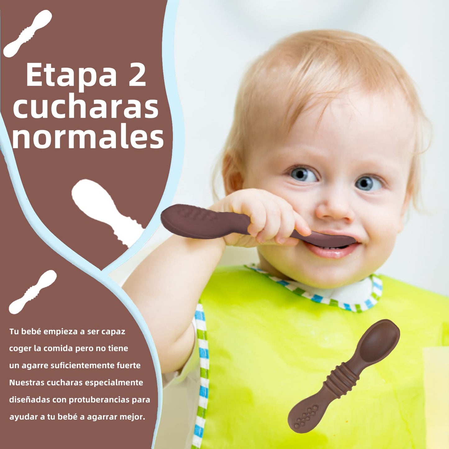 LEIDSANY Cucharas para bebe, cucharas de silicio para dietas de entrenamiento, silicona suave no contiene BPA, ejerce hábitos alimenticios independientes, aptos para bebe de todas etapas(Marrón)