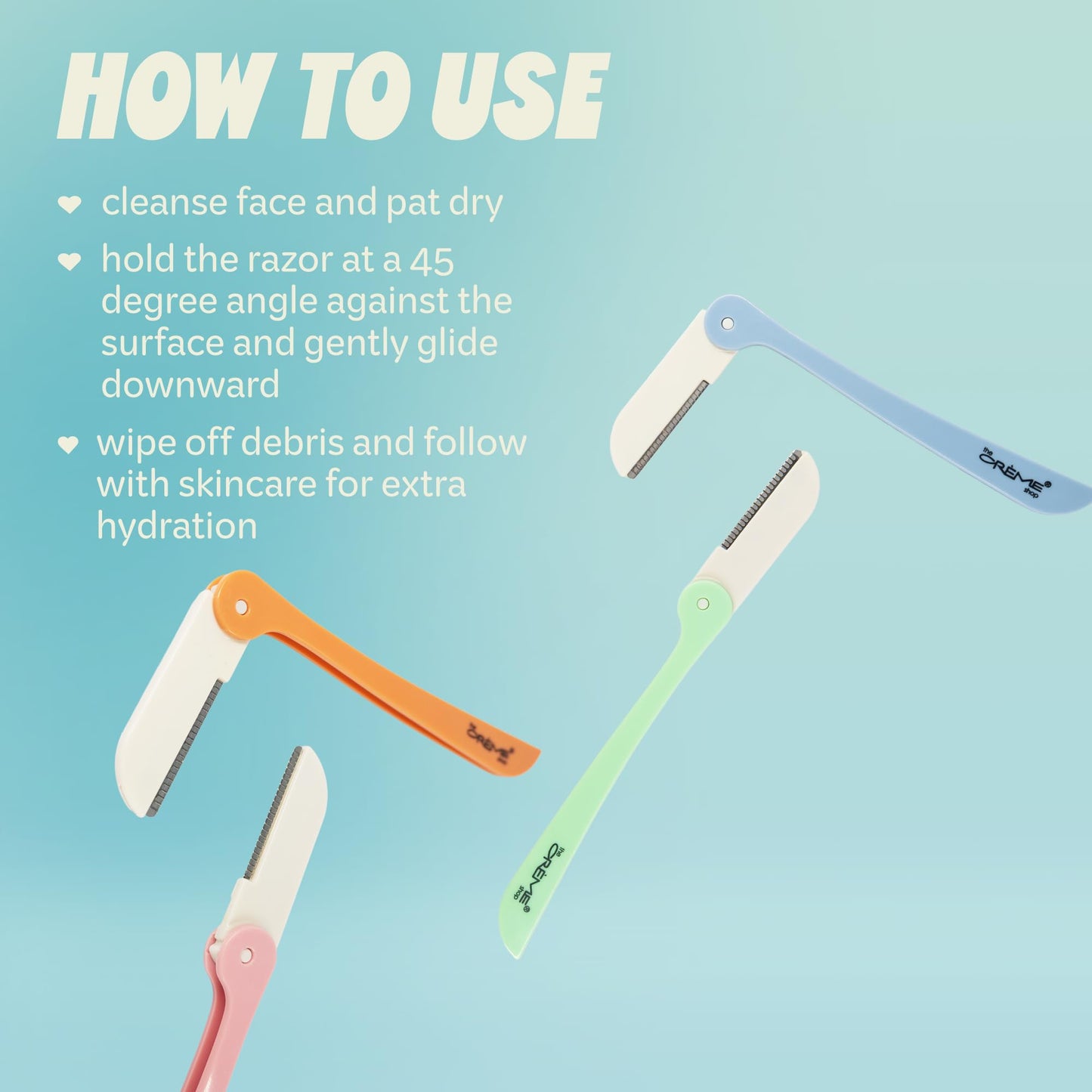 The Crème Shop Maquinillas de afeitar retráctiles multiusos para mujer – Juego de 4 maquinillas para rostro y cejas, herramienta para dermoabrasión | Artículos de aseo esenciales de tamaño viaje (colo