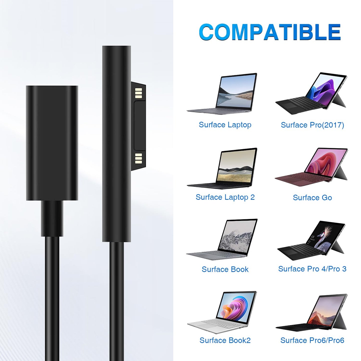 Adaptador de Carga Tipo C Hembra a Microsoft Surface en Negro Carga Rápida 65W para Surface Pro 3/4/5/6 GO Book 1/2 Laptop 1/2