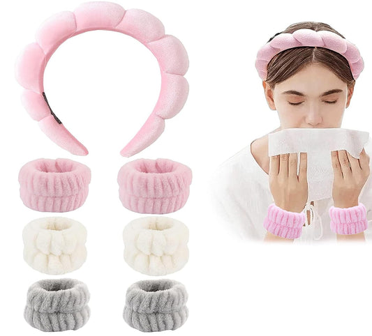 Diademas para Skincare Mujer, Juego De 7 Diademas De Spa, Diadema De Maquillaje Y Pulsera, Diademas Faciales De Spa, Diadema De Esponja Para Lavar La Cara, Muñequera Para Spa, Evite Que Los Líquidos Se Derramen Por Sus Brazos