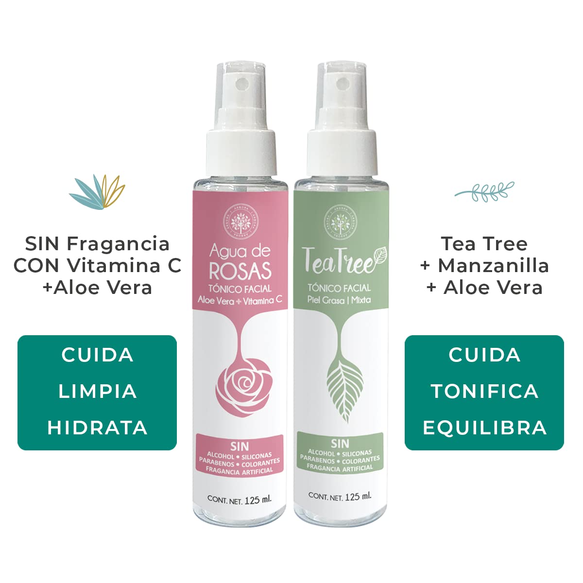 Kit Cuidado Facial: Tónico con Tea Tree + Agua de Rosas con Aloe Vera y Vitamina C - La combinación IDEAL para una Piel RADIANTE e HIDRATADA. 125 ml