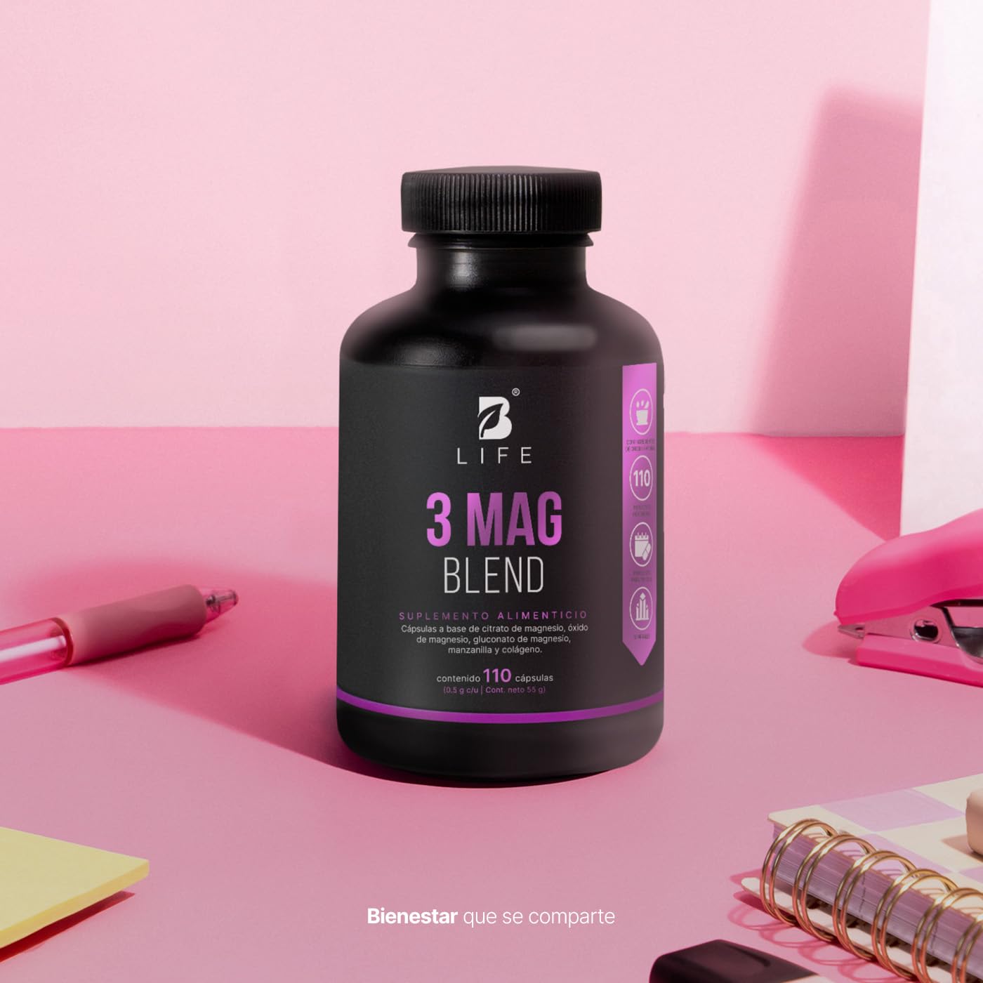 B Life Citrato, Óxido y Gluconato de Magnesio 500 mg | 110 Cápsulas | Alta absorción | Ingredientes Naturales | 3 Mag Blend.