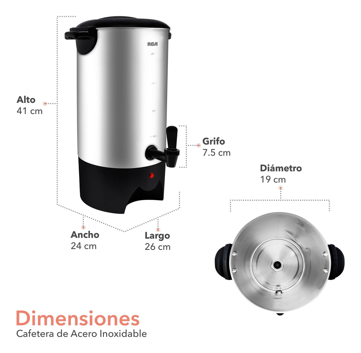 Cafetera RCA Acero Inoxidable 40 Tazas con Tapa con Bloqueo y Sistema Antigoteo para Hogar u Oficina