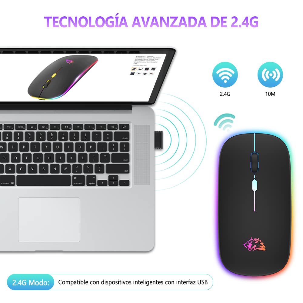 Free wolf X15 Mouse Inalámbrico, Wireless óptico Recargable 2.4 G Ergonómico Silencioso Click con Receptor USB 3(800/1200/1600) Ajustable dpi Ratón para Computadora,Portátil,PC,Mac (Negro Mate)