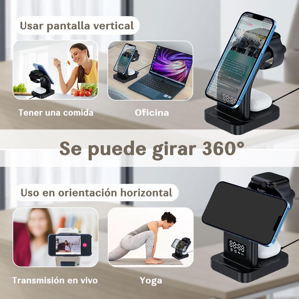 AHED Cargador Inalámbrico Magnético 5 en 1, Estación de Carga de 15W con Luz LED, Compatible con Magsafe, Adecuado para iPhone 15/14/13/12/11/10/9/8/SE/Pro/ProMax/Mini, AirPods, iWatch (Blanco)